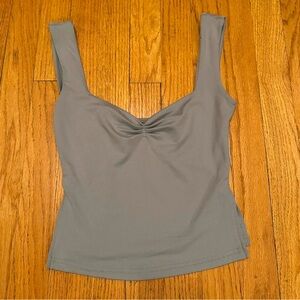 blue-grey tank top with cinched neckline